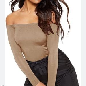 New 21 Saints | Nude off shoulder long sleeve thonged bodysuit •